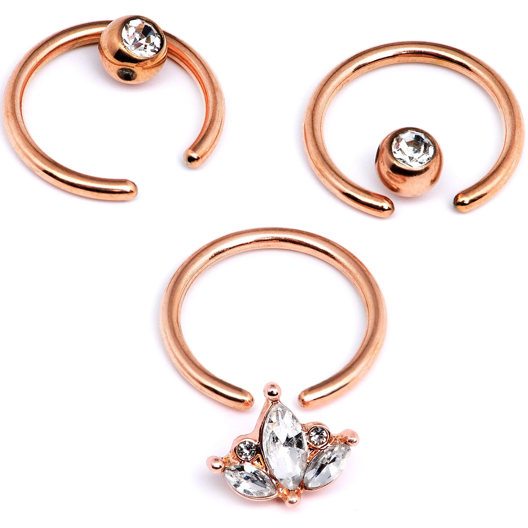 14 Gauge 0.51 inch Clear CZ Rose Gold Tone Crest BCR Captive Ring Set of 3