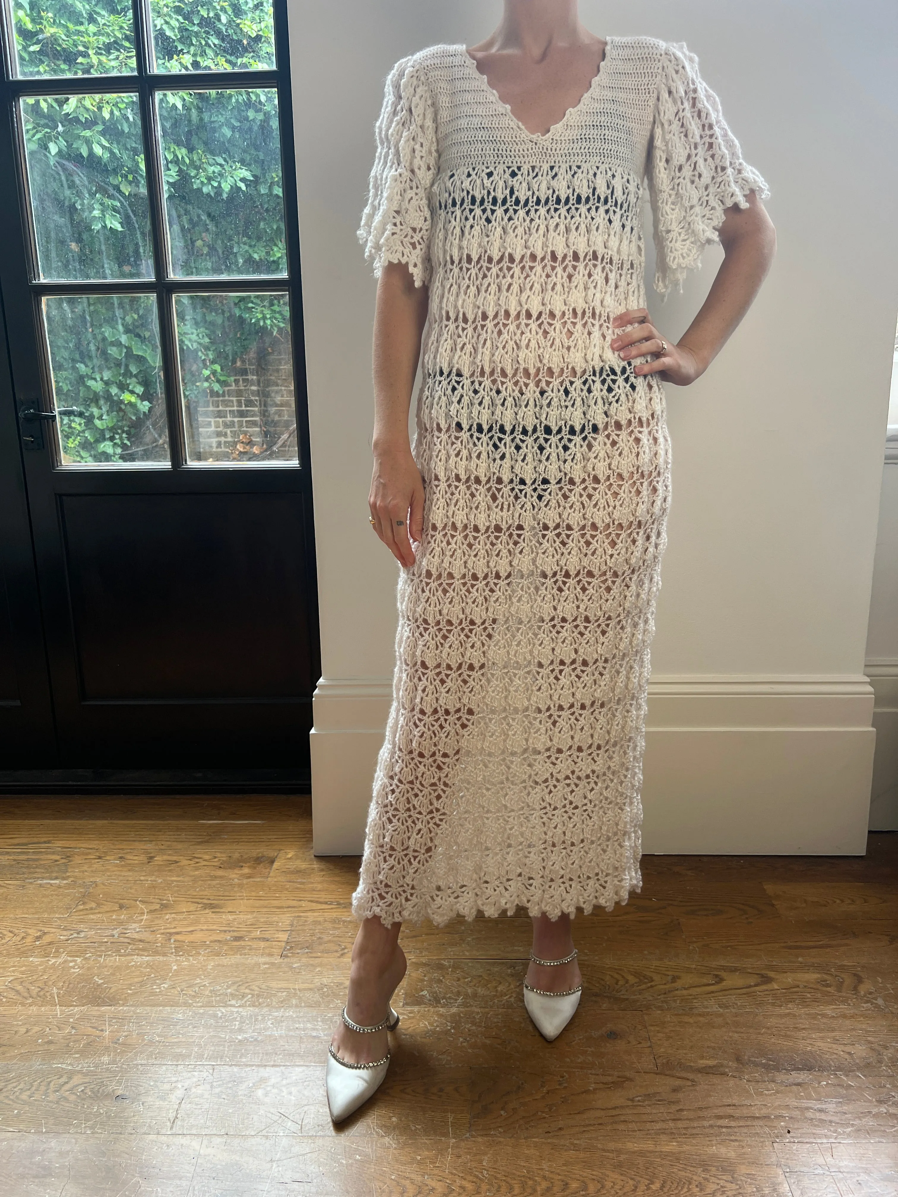 1970s Knitted White Wool Maxi Dress