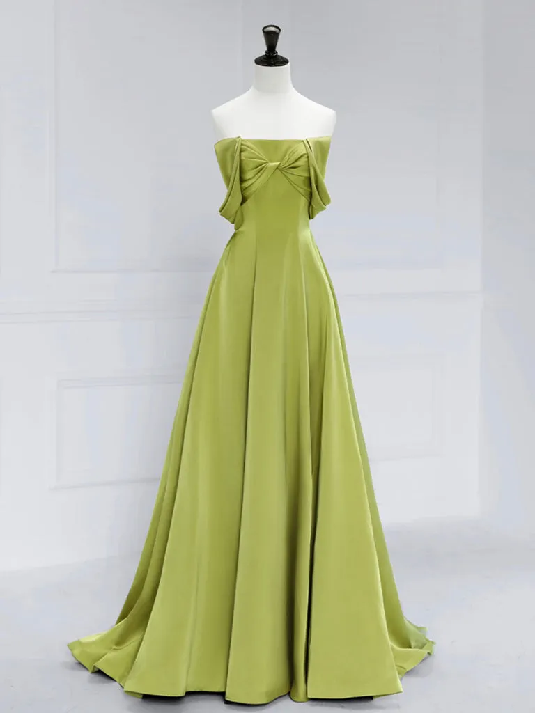 A-Line Satin Off Shoulder Green Long Prom Dress, Green Long Formal Dress