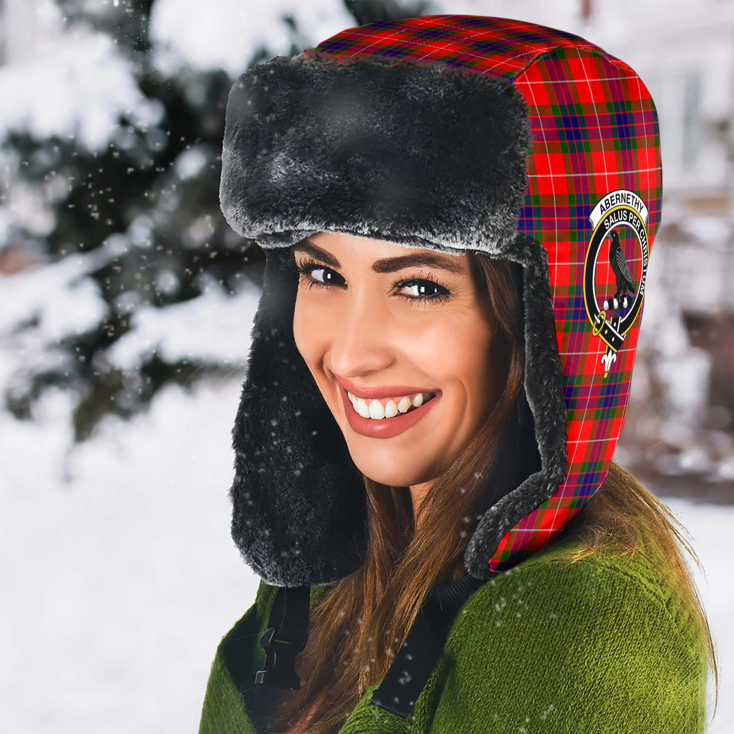 Abernethy Tartan Winter Trapper Hat with Family Crest