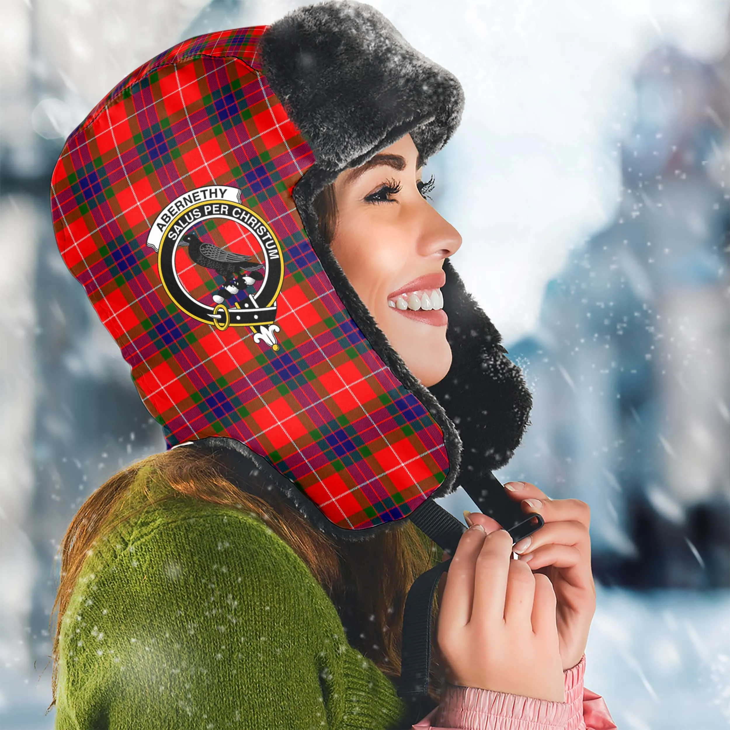 Abernethy Tartan Winter Trapper Hat with Family Crest