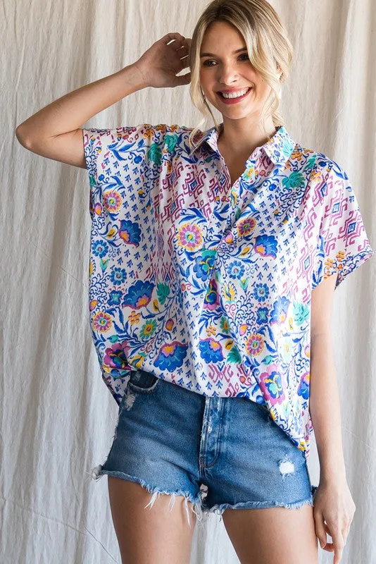 Adalyn Mixed Print Open Collar Top - Ocean Blue