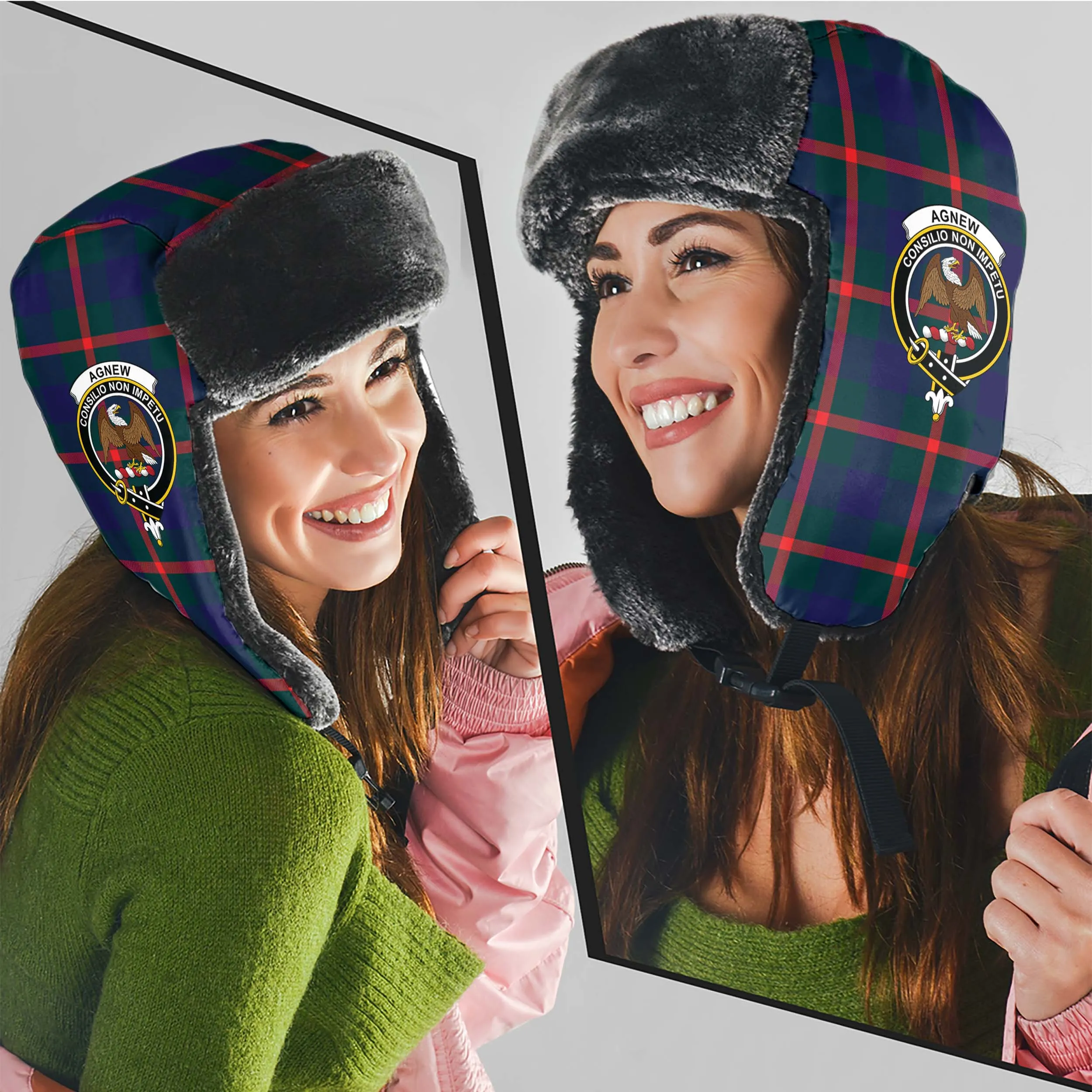 Agnew Tartan Winter Trapper Hat with Family Crest