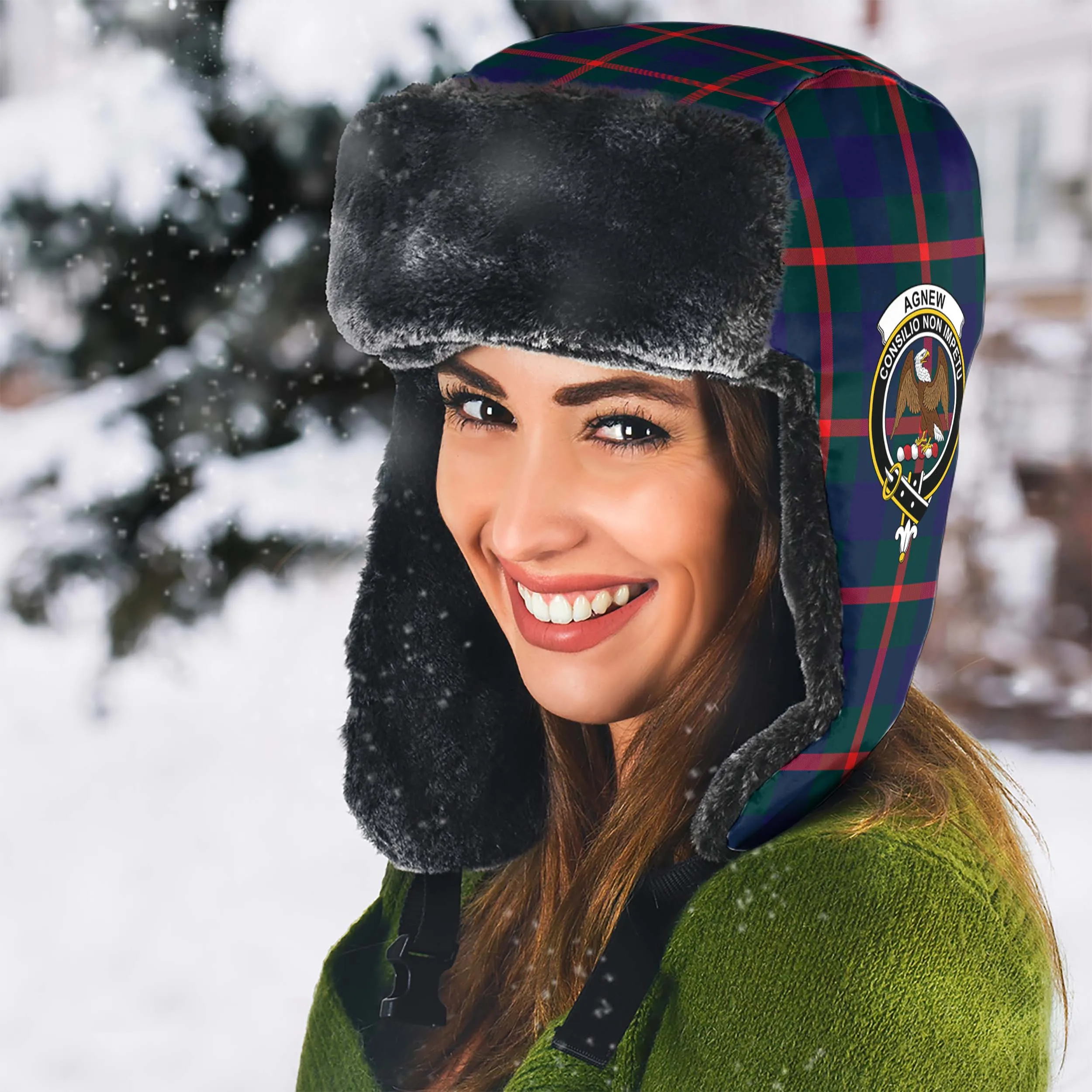 Agnew Tartan Winter Trapper Hat with Family Crest