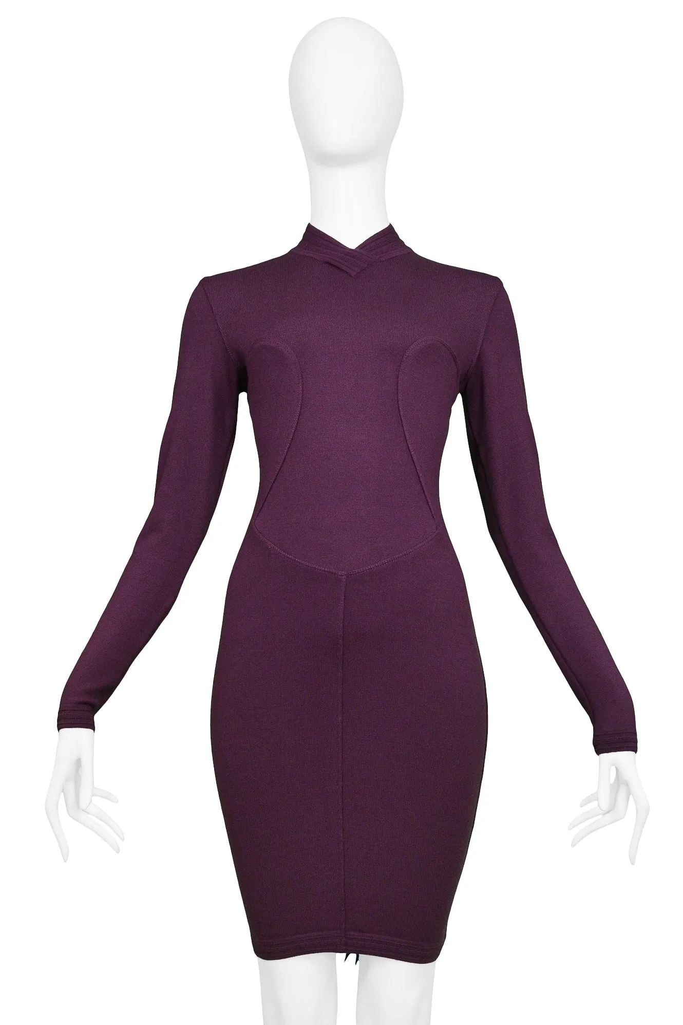 ALAIA PURPLE LONG SLEEVE HIGH V NECK DRESS 1991