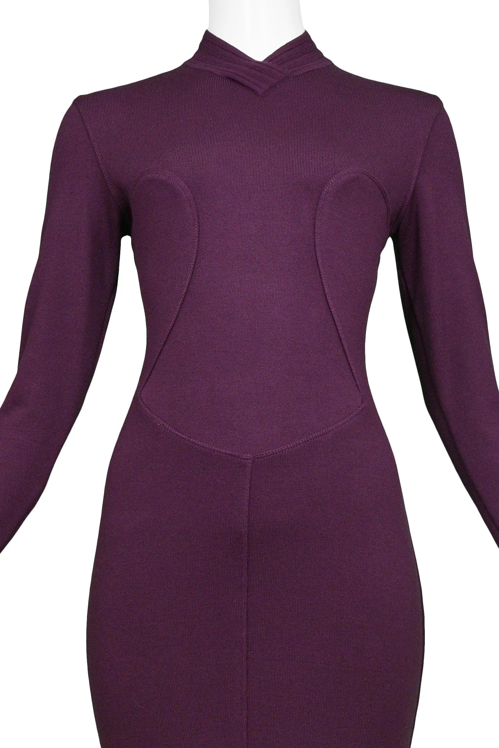 ALAIA PURPLE LONG SLEEVE HIGH V NECK DRESS 1991