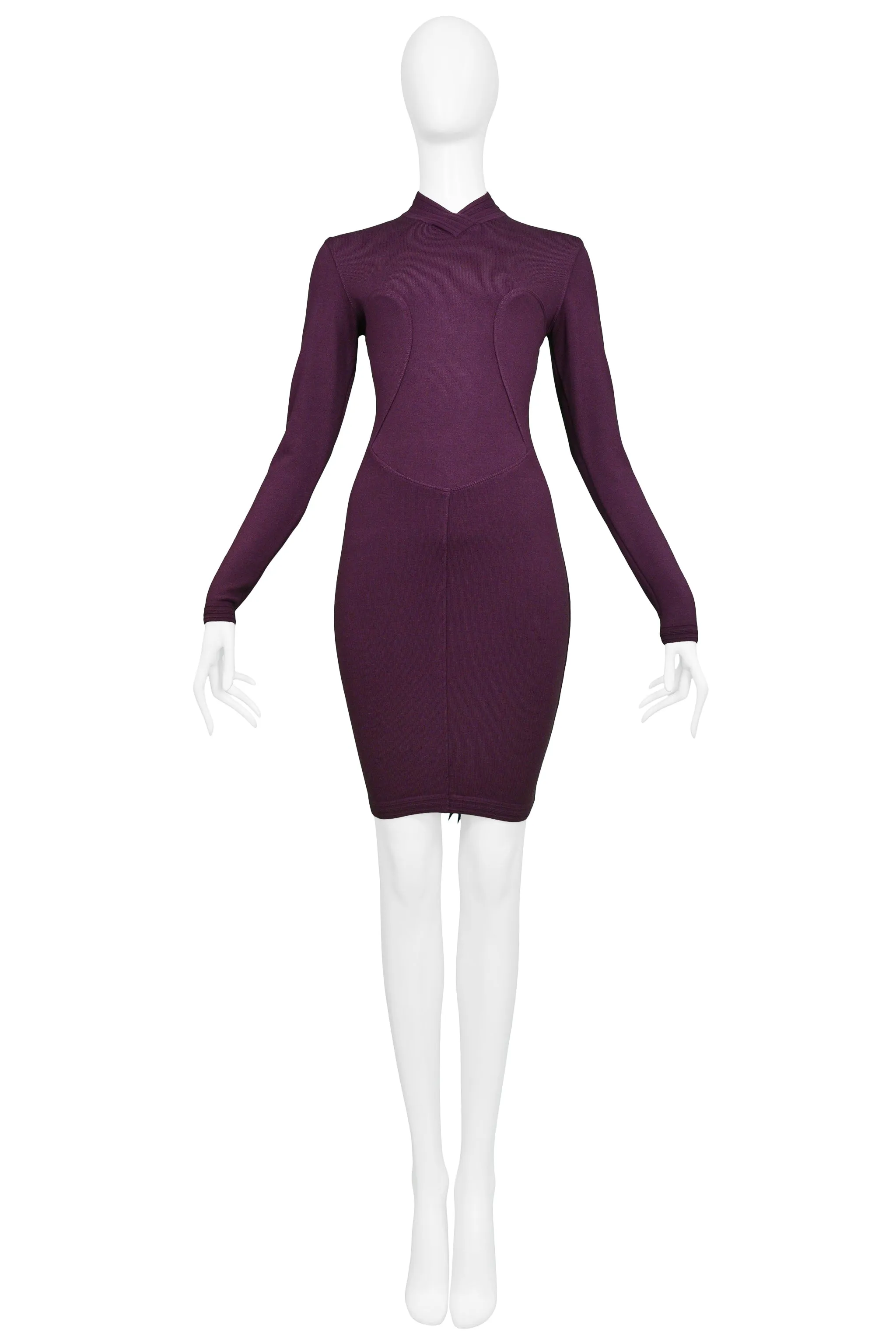 ALAIA PURPLE LONG SLEEVE HIGH V NECK DRESS 1991