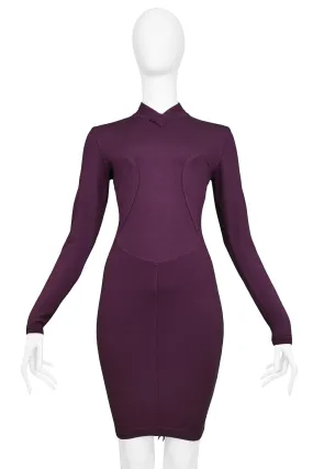 ALAIA PURPLE LONG SLEEVE HIGH V NECK DRESS 1991