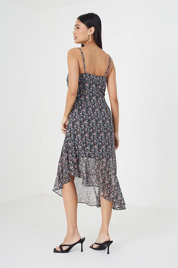 ALL OVER FLORAL MIDI DRESS WITH ASYMMETRIC HEM