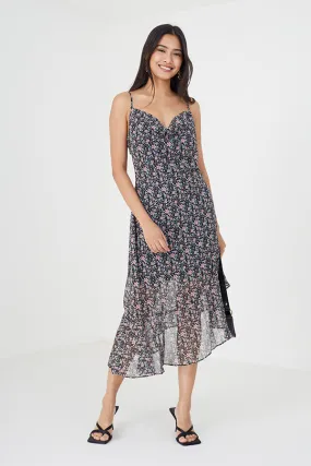 ALL OVER FLORAL MIDI DRESS WITH ASYMMETRIC HEM