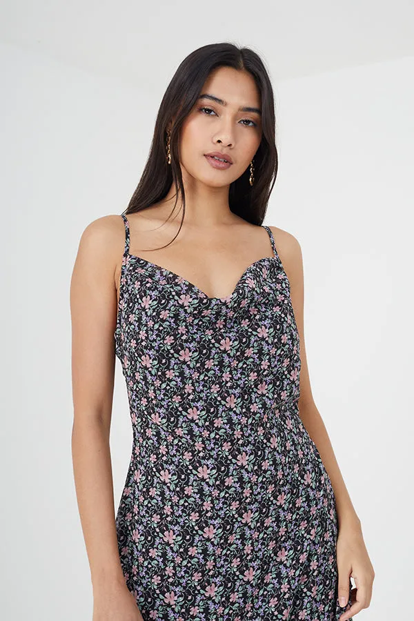 ALL OVER FLORAL MIDI DRESS WITH ASYMMETRIC HEM