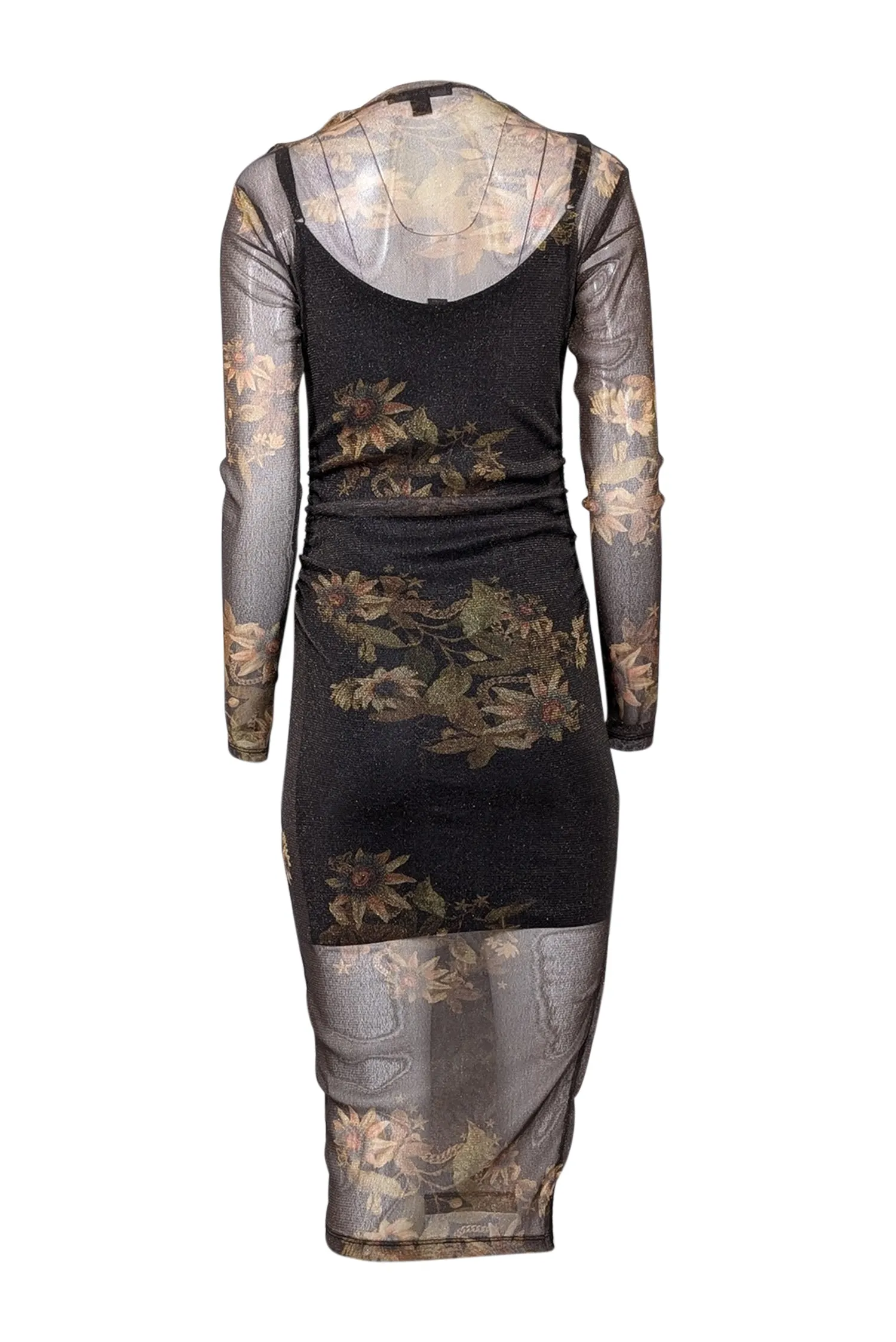 All Saints - Black & Gold Shimmering Floral Print Sheer Bodycon Dress Sz 2