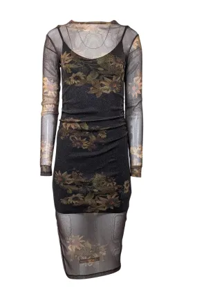 All Saints - Black & Gold Shimmering Floral Print Sheer Bodycon Dress Sz 2