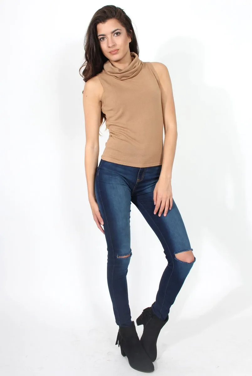 Amber Camel Sleeveless Turtle Neck