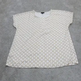 ANN Taylor Womens Blouse top Short Sleeve Crew Neck Geometry White Size Medium