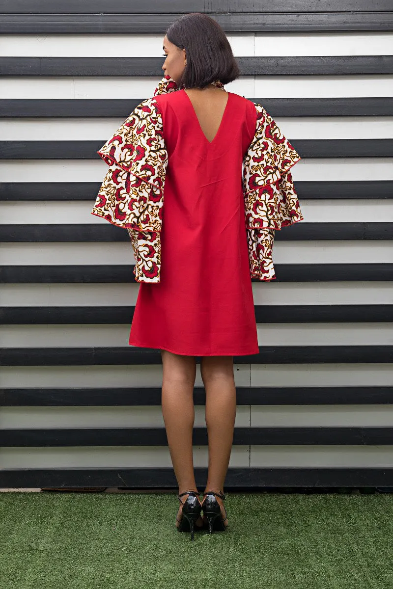 Asam Red Long Sleeve Knee Length  Tunic Dress