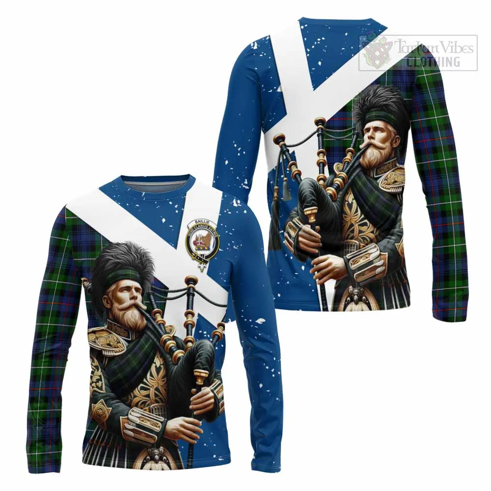 Baillie (Bailey) Tartan Long Sleeve T-Shirt with Family Crest Scottish Bagpiper Vibes