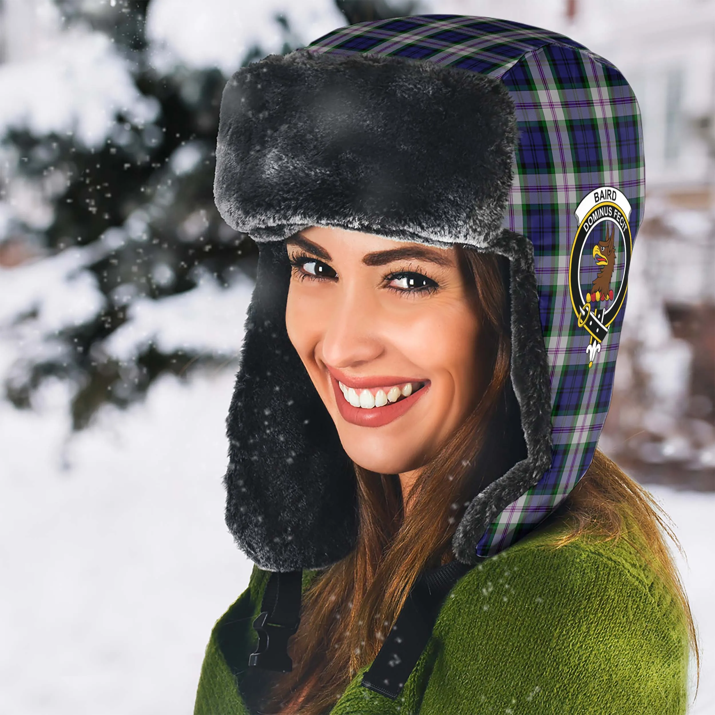 Baird Dress Tartan Winter Trapper Hat with Family Crest