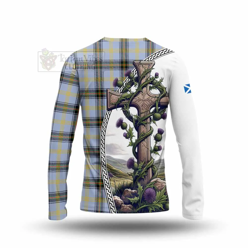 Bell Tartan Long Sleeve T-Shirt with Family Crest and St. Andrew's Cross Accented by Thistle Vines