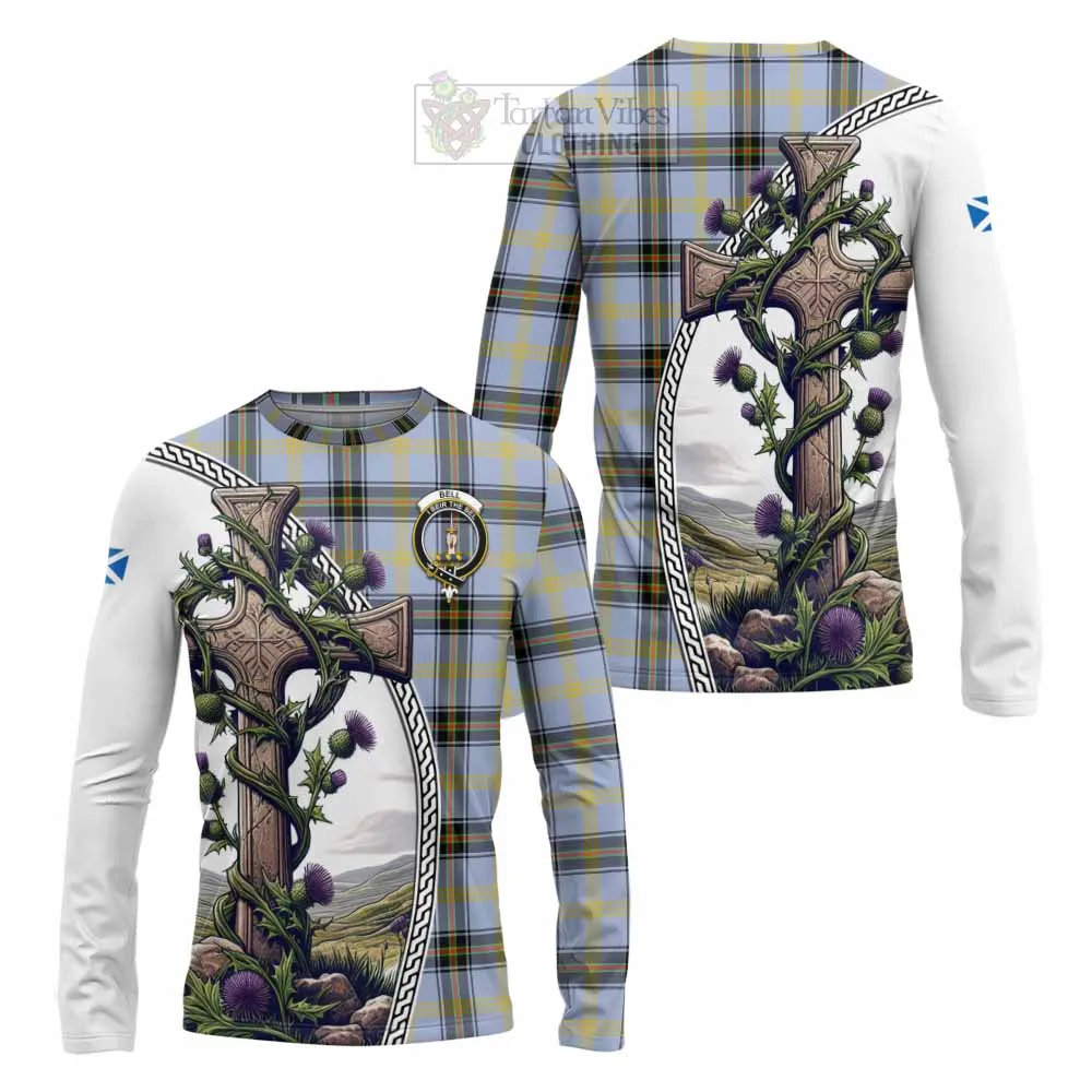 Bell Tartan Long Sleeve T-Shirt with Family Crest and St. Andrew's Cross Accented by Thistle Vines