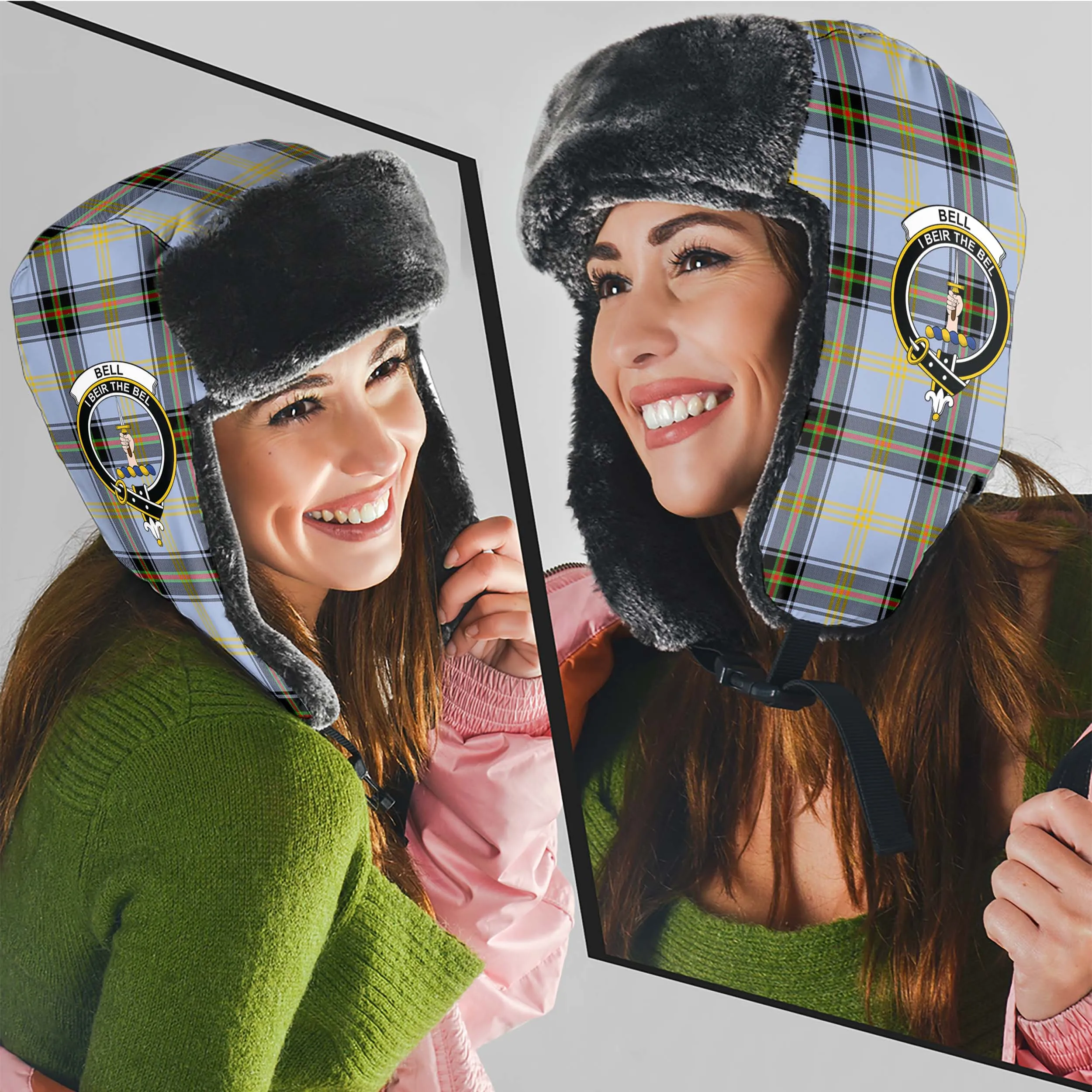 Bell Tartan Winter Trapper Hat with Family Crest