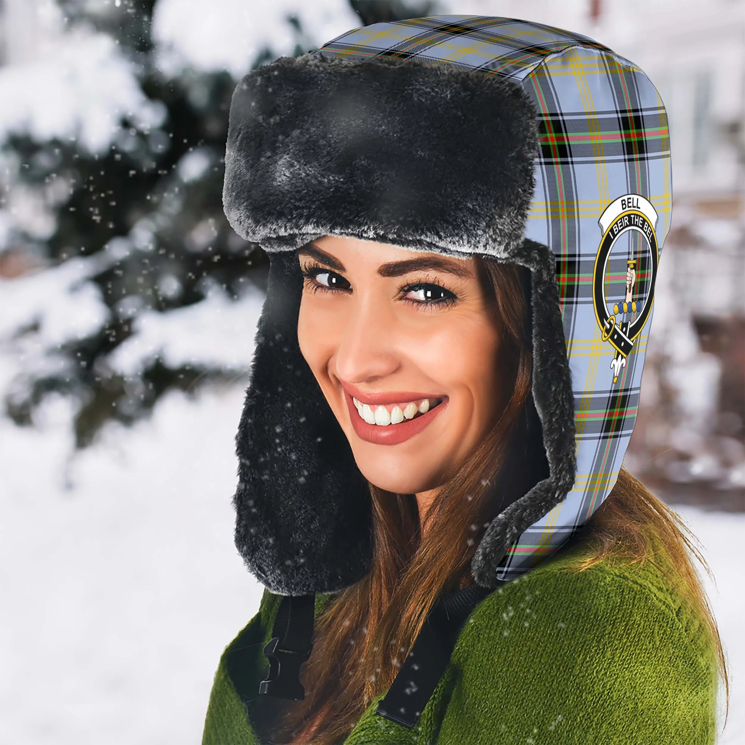 Bell Tartan Winter Trapper Hat with Family Crest