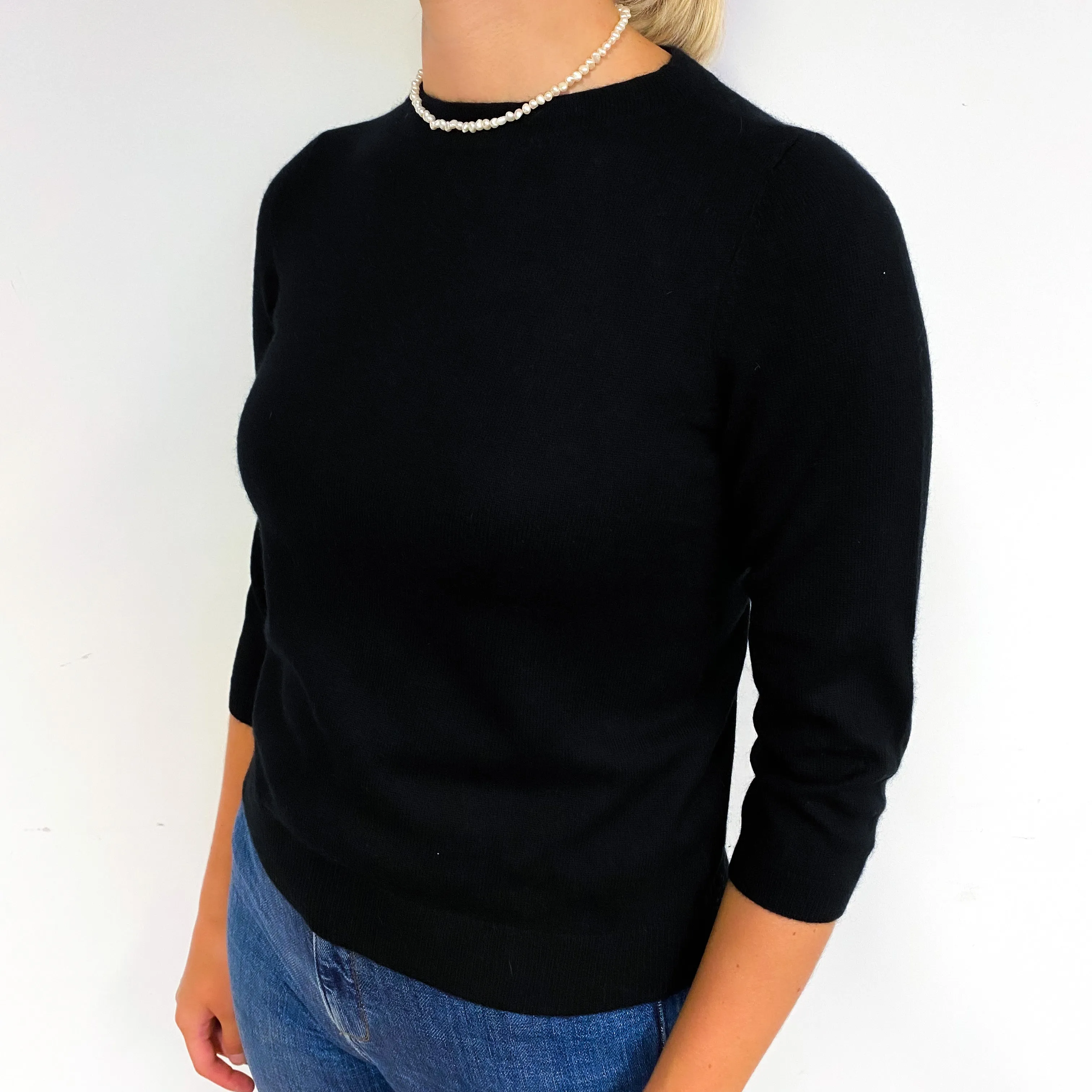 Black 3/4 Sleeve Cashmere Crew Neck Jumper Small