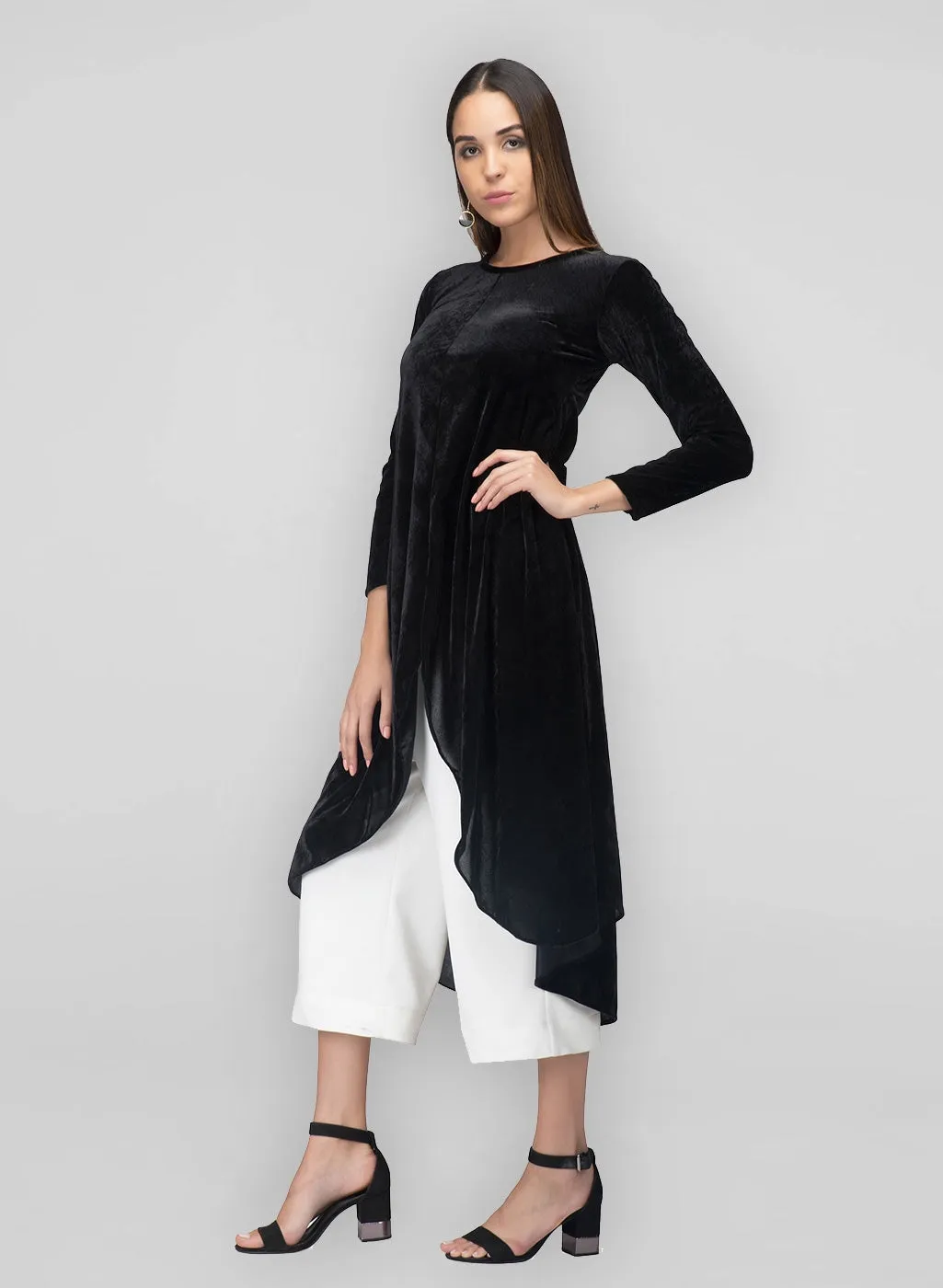 Black Asymmetrical Velvet Kurta