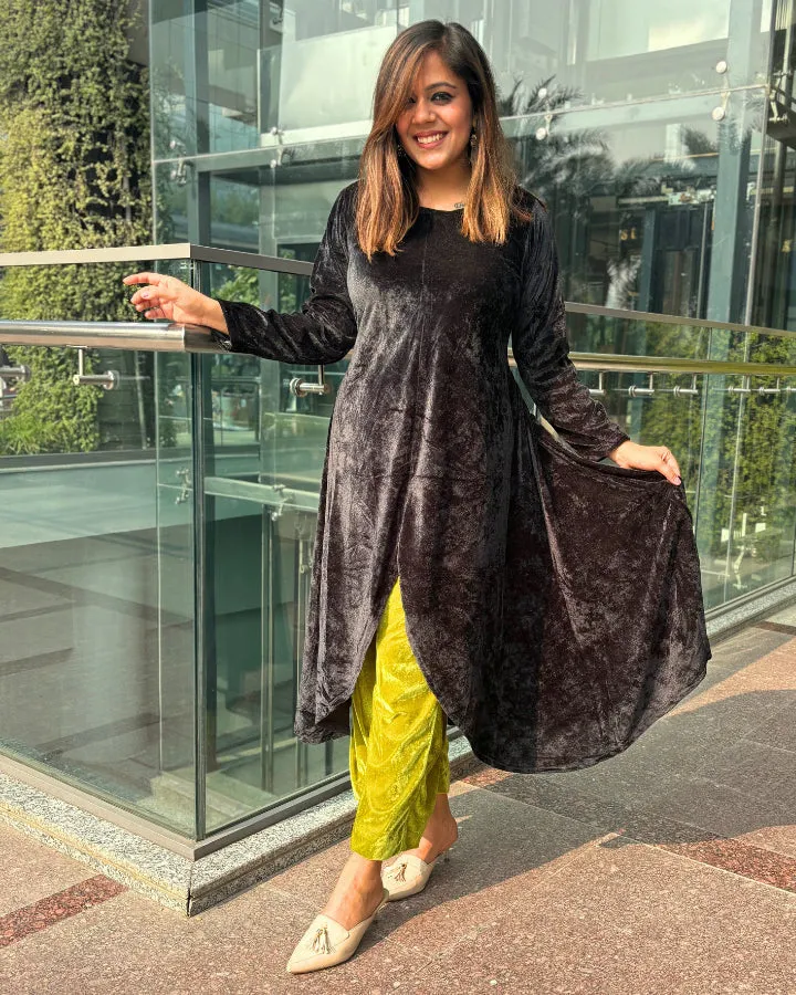 Black Asymmetrical Velvet Kurta