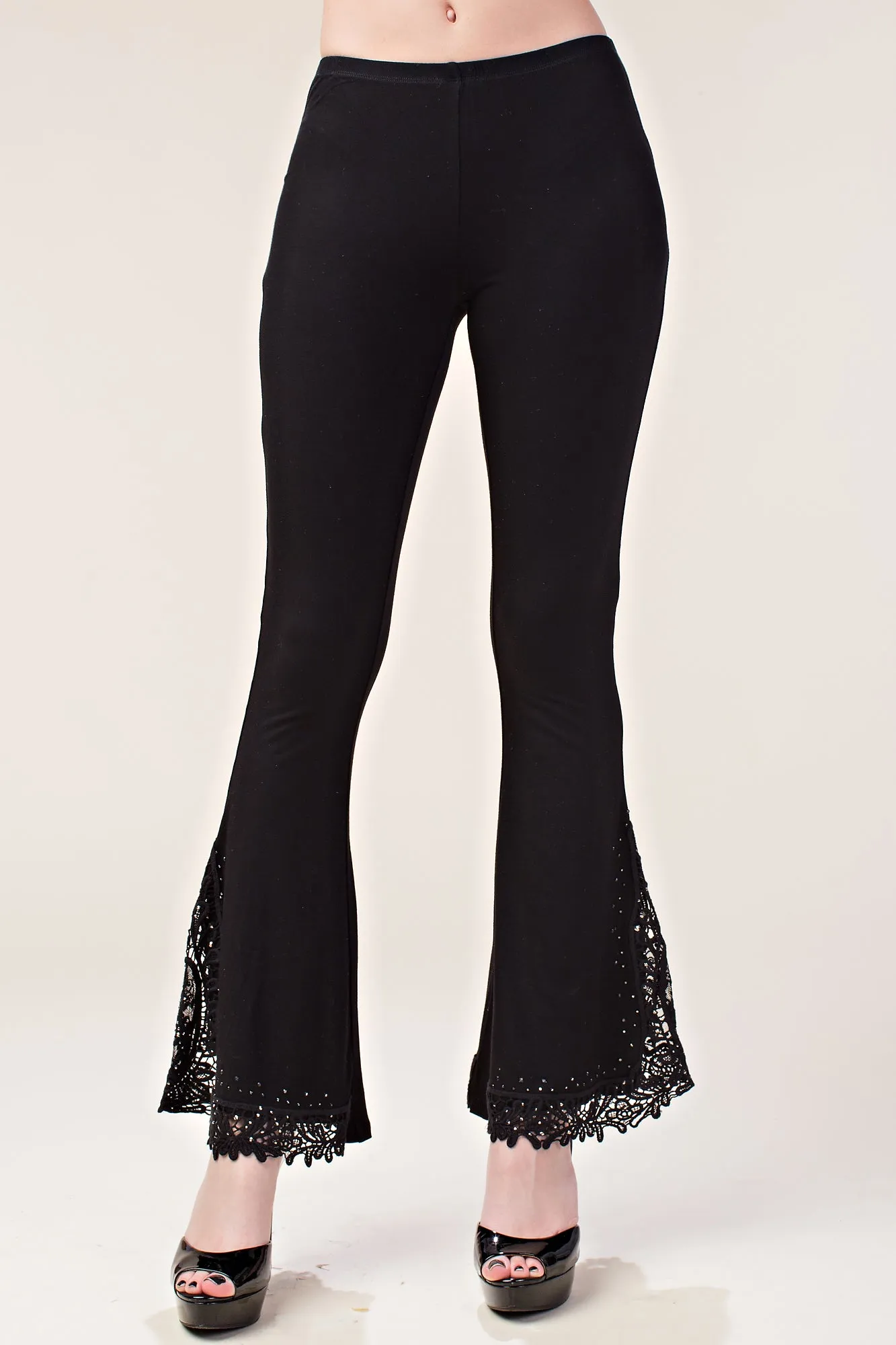 Black Bell Bottom Knit Pants w/ Lace & Crochet