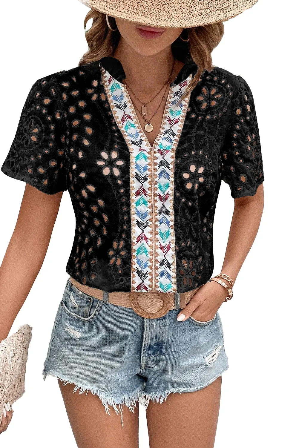 Black Boho Geometric Pattern V Neck Cut-out Blouse