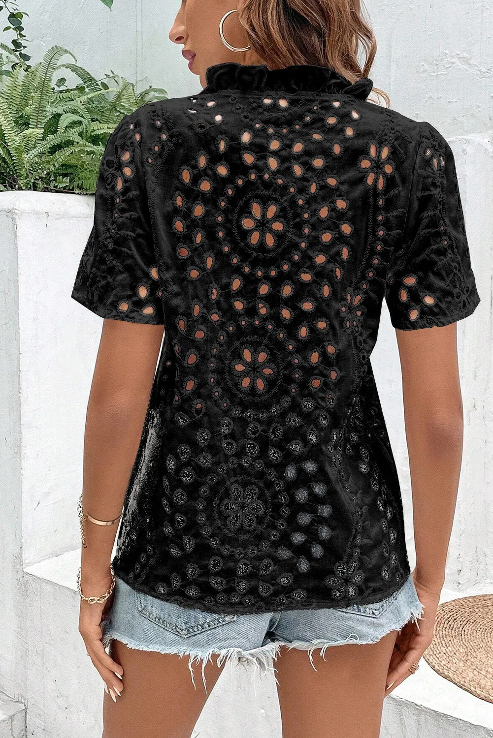 Black Boho Geometric Pattern V Neck Cut-out Blouse