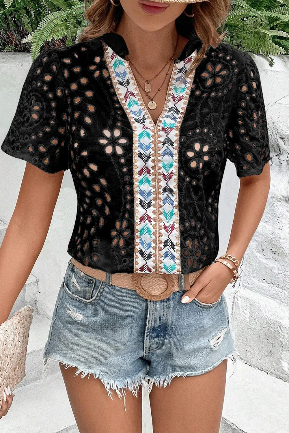 Black Boho Geometric Pattern V Neck Cut-out Blouse