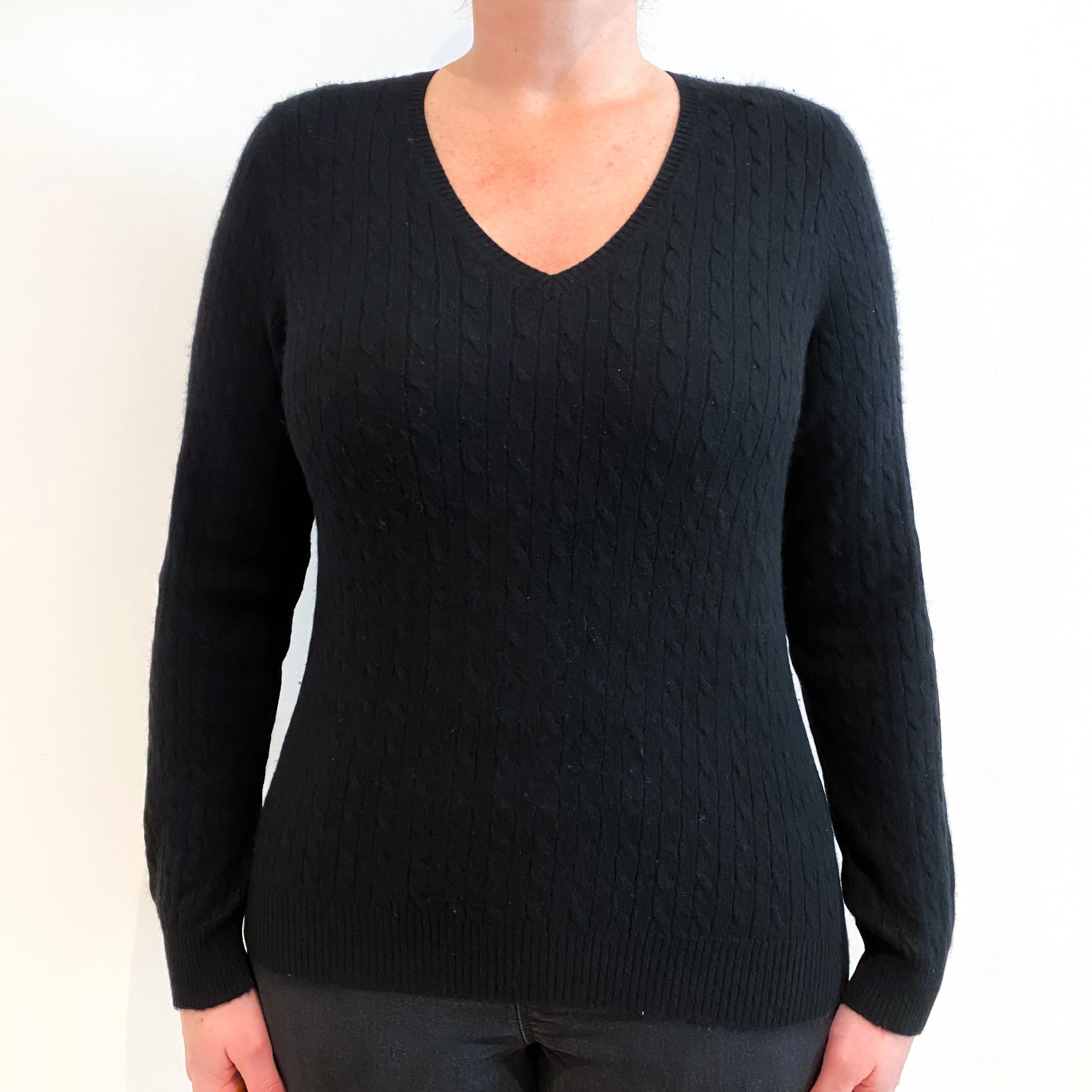 Black Cable Cashmere V-Neck Jumper Large