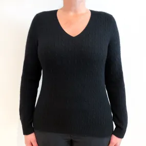 Black Cable Cashmere V-Neck Jumper Large