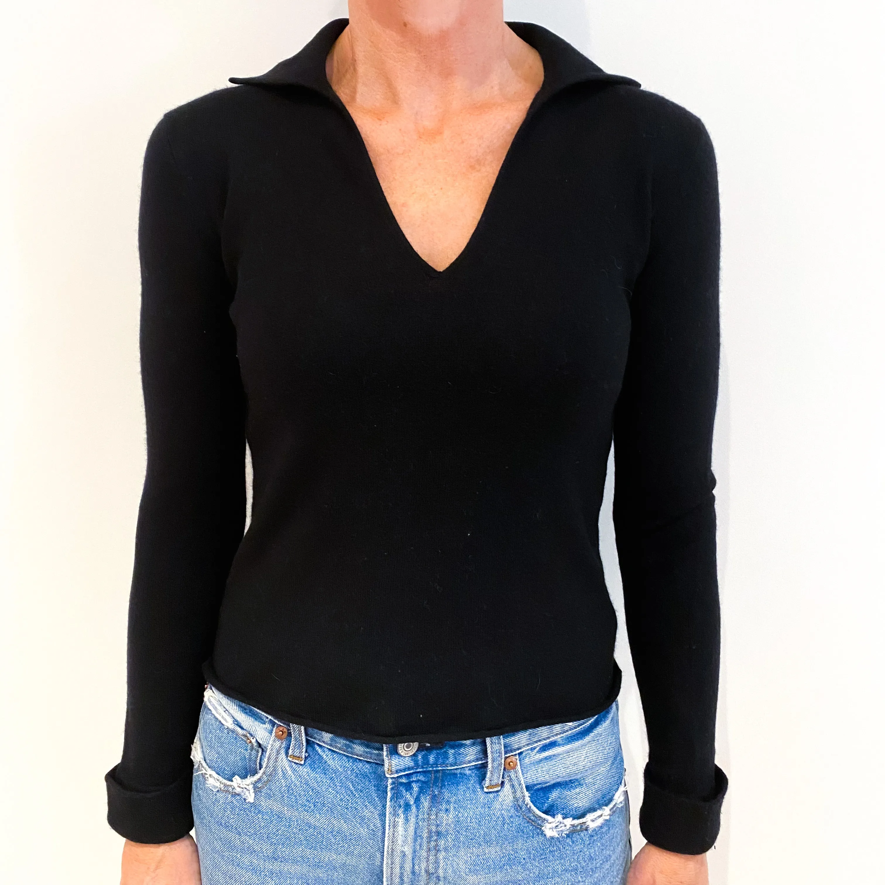 Black Cashmere Collared V-Neck Jumper Small