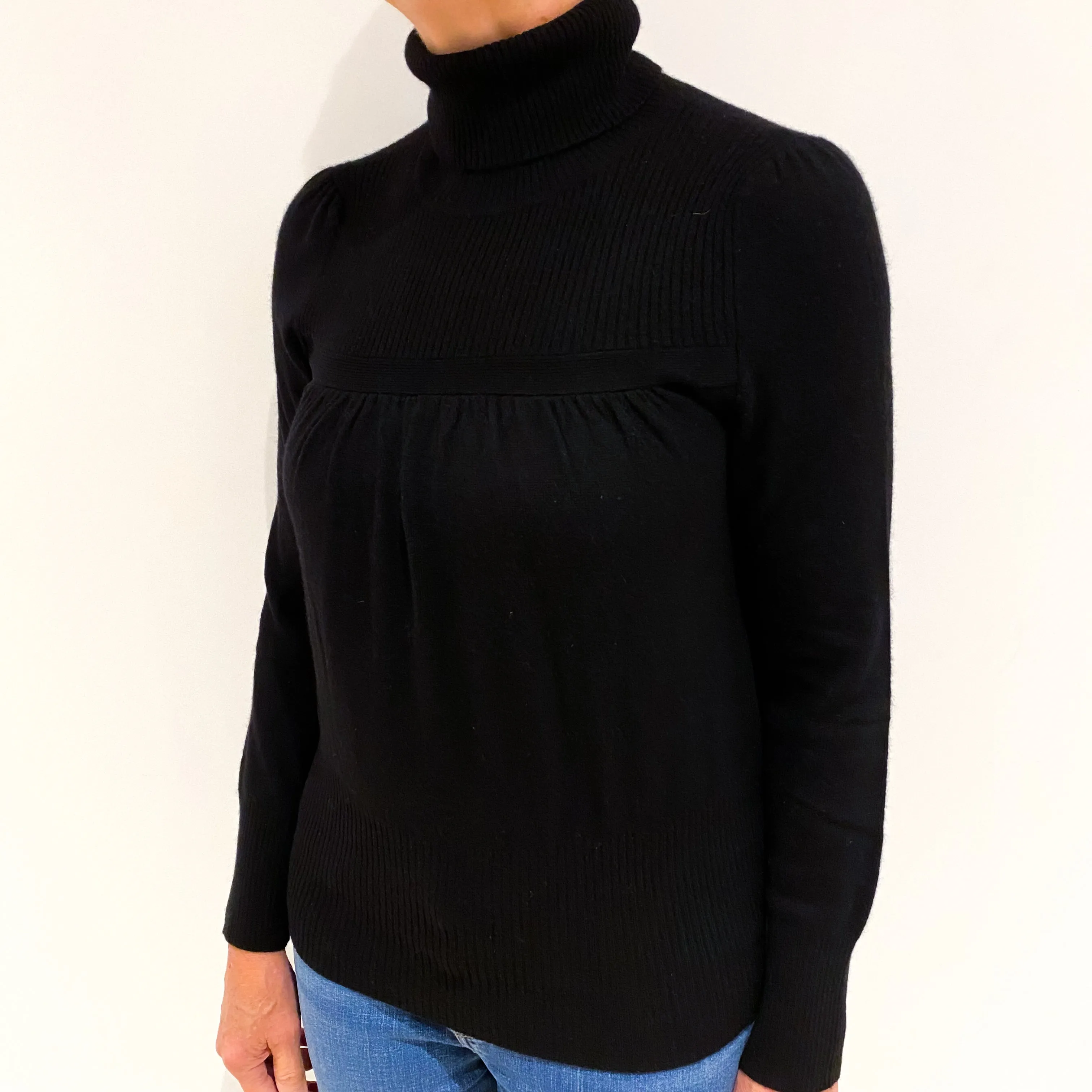 Black Cashmere Ruched Polo Neck Jumper Medium