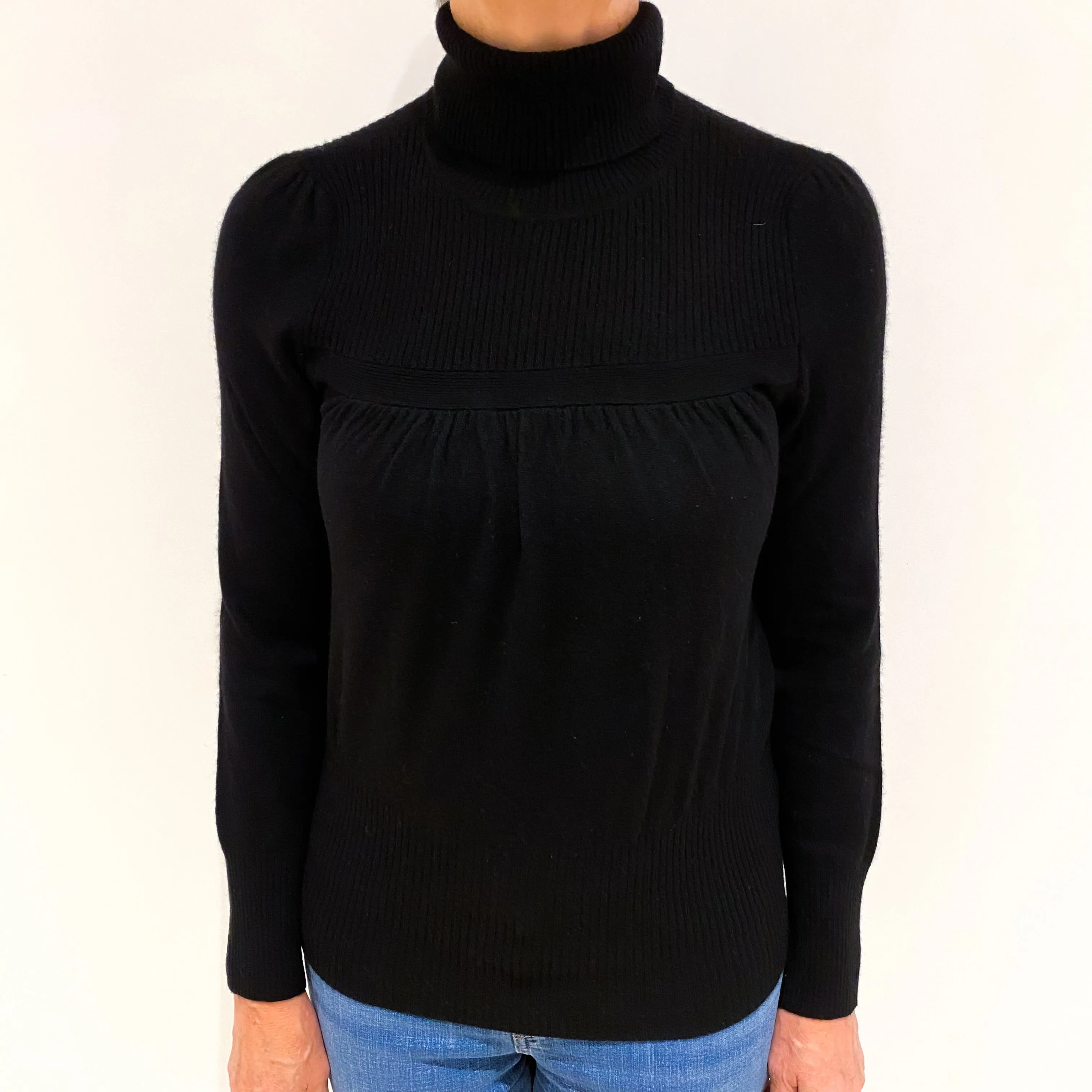 Black Cashmere Ruched Polo Neck Jumper Medium