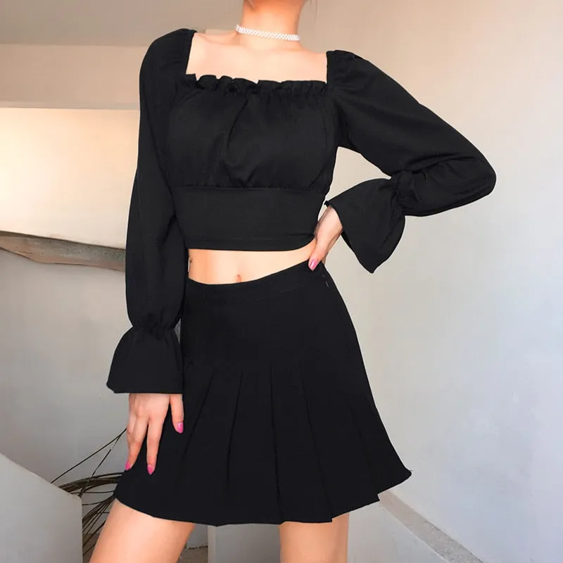 Black Cross Bandage Crop Top Butterfly Sleeve Square Collar Gothic Long Sleeve