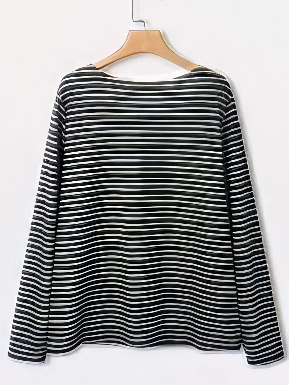 Black Feline Pattern Long Sleeve Striped White Round Neck Plus Size Tee