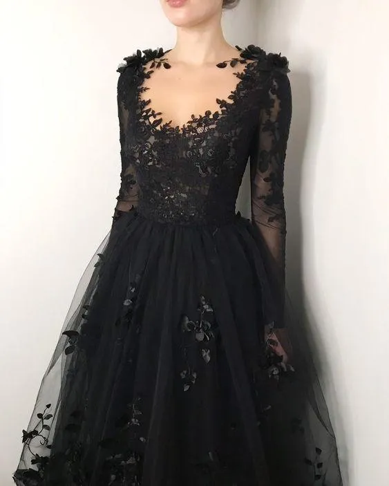 Black floral gothic wedding dress, black flower tulle lace dress, alternative bridal gown prom dress long formal gowns      fg365