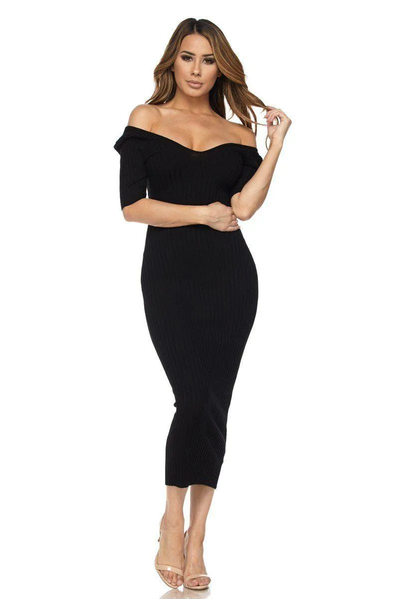 Black Half Sleeve Off Shoulder Ribbed Midi Dress