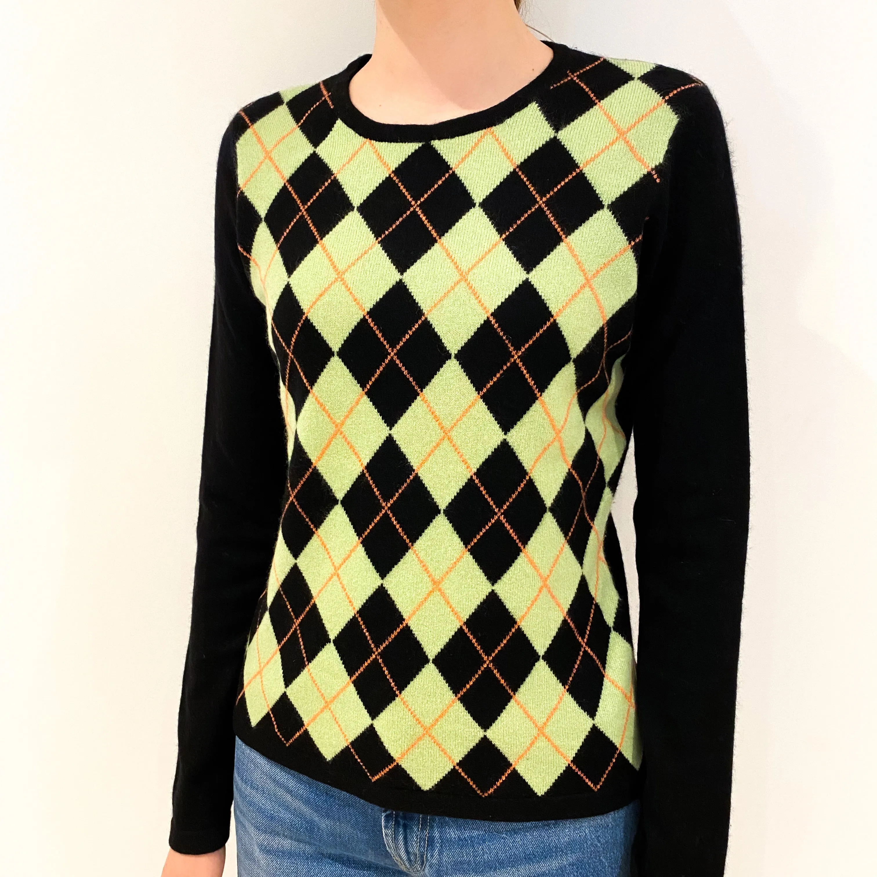 Black Lime Green Argyle Cashmere Crew Neck Jumper Extra Small