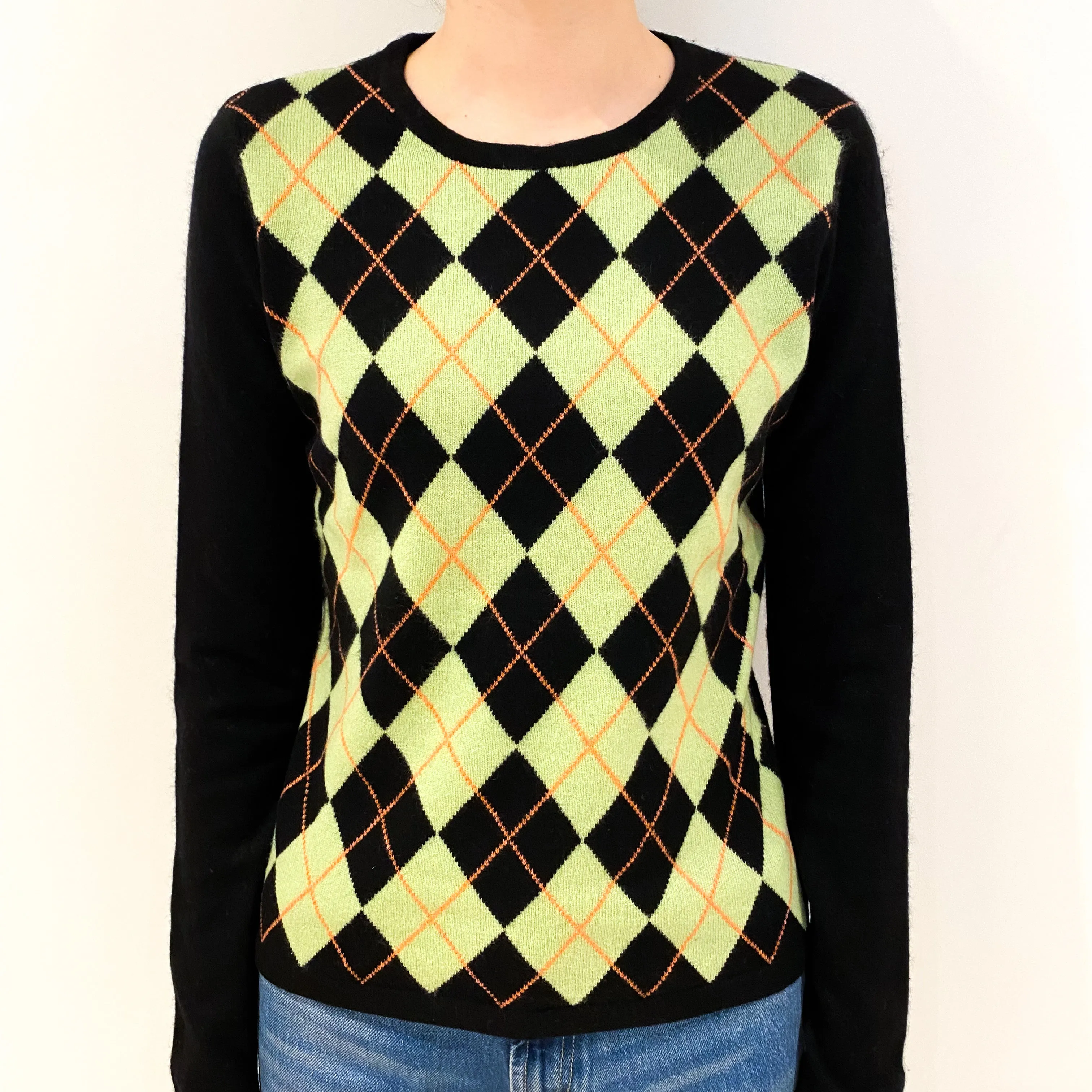 Black Lime Green Argyle Cashmere Crew Neck Jumper Extra Small