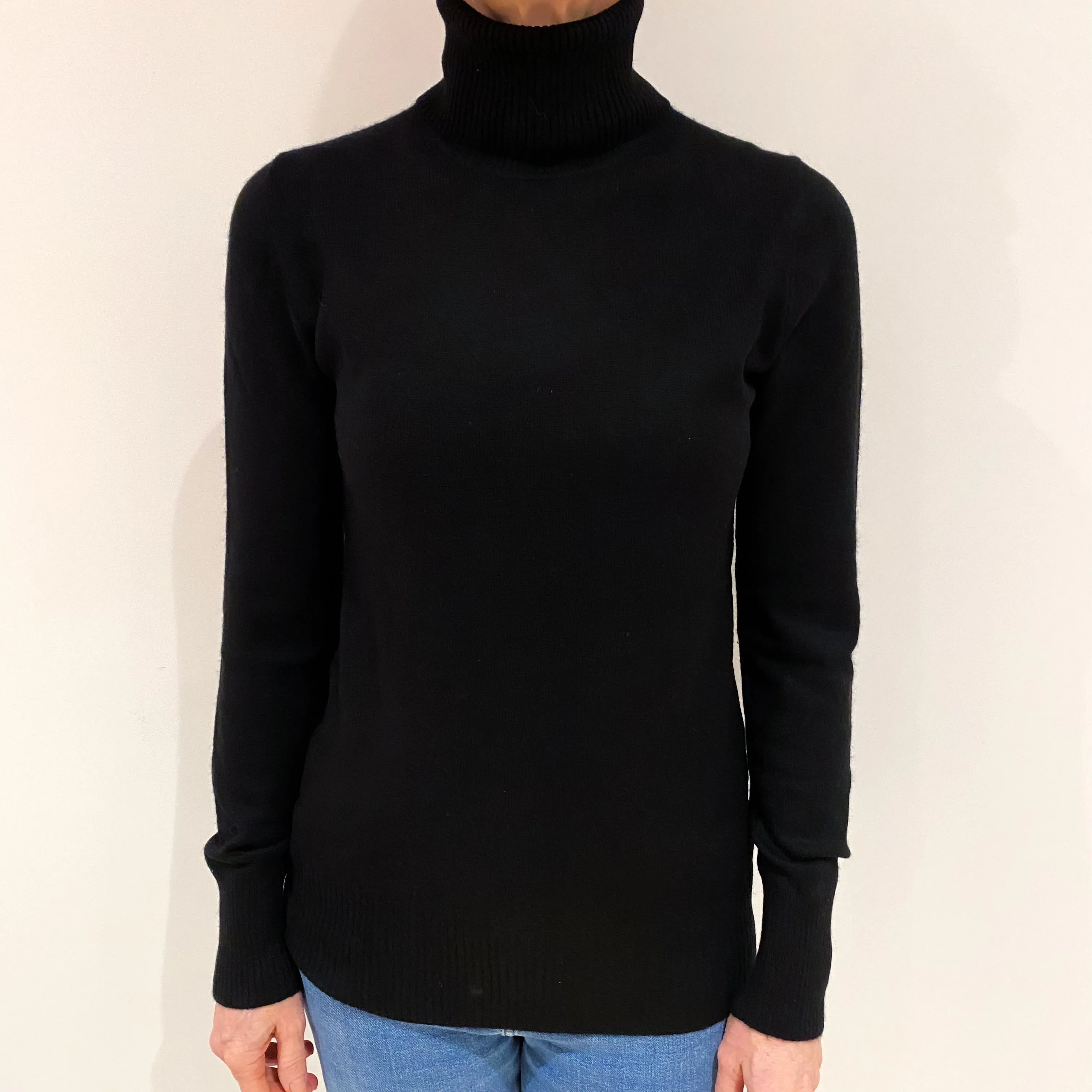 Black Longline Cashmere Polo Neck Jumper Small