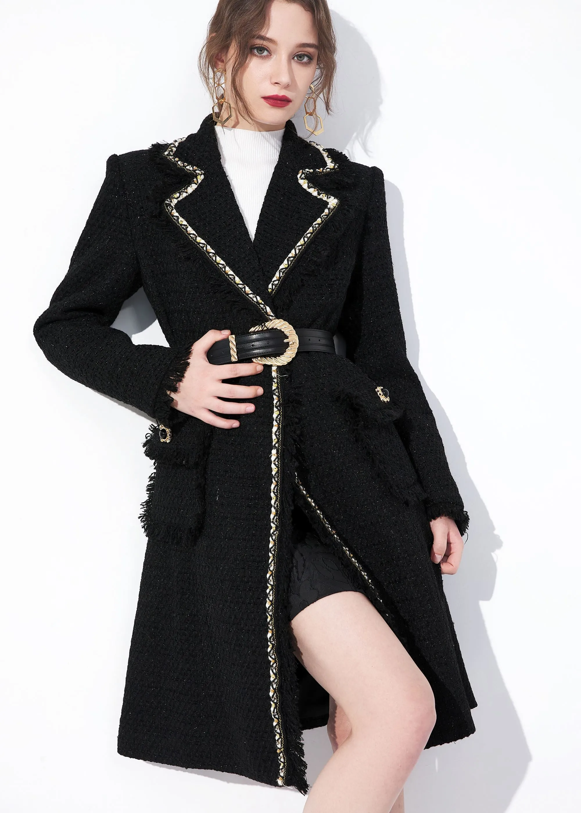 Black Metallic Fringe Ruched Wool Tweed Coat