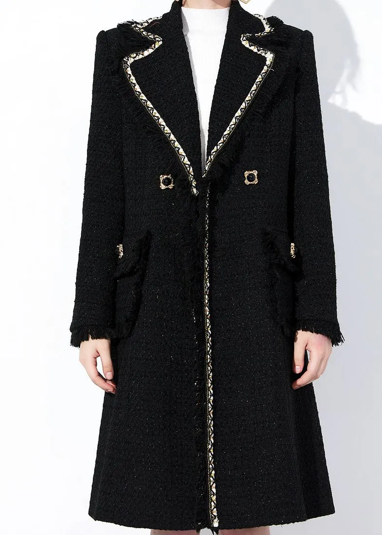 Black Metallic Fringe Ruched Wool Tweed Coat