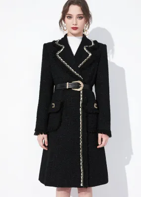 Black Metallic Fringe Ruched Wool Tweed Coat