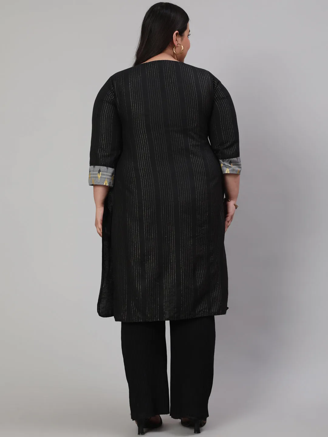 Black Plus Size Self-Weaved Straight Kurta