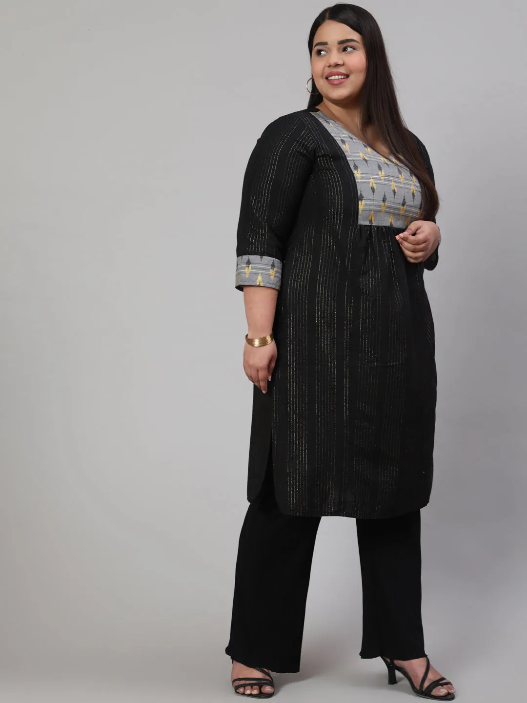 Black Plus Size Self-Weaved Straight Kurta